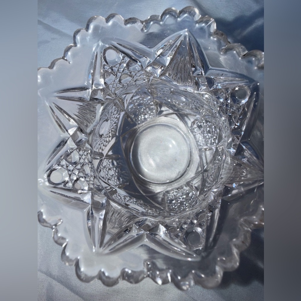 Vintage EAPG Cut Glass Small Vase Hobstar & Fan Pattern Scalloped Sawtooth Rim - Picture 3 of 8